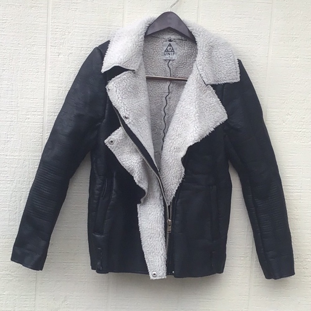 UNIF Bruges coat with faux Sherpa lining faux leather moto jacket